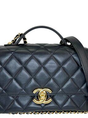 Chanel Plate Flap Mini Quilted Lambskin Leather Top Handle Crossbody Bag Black